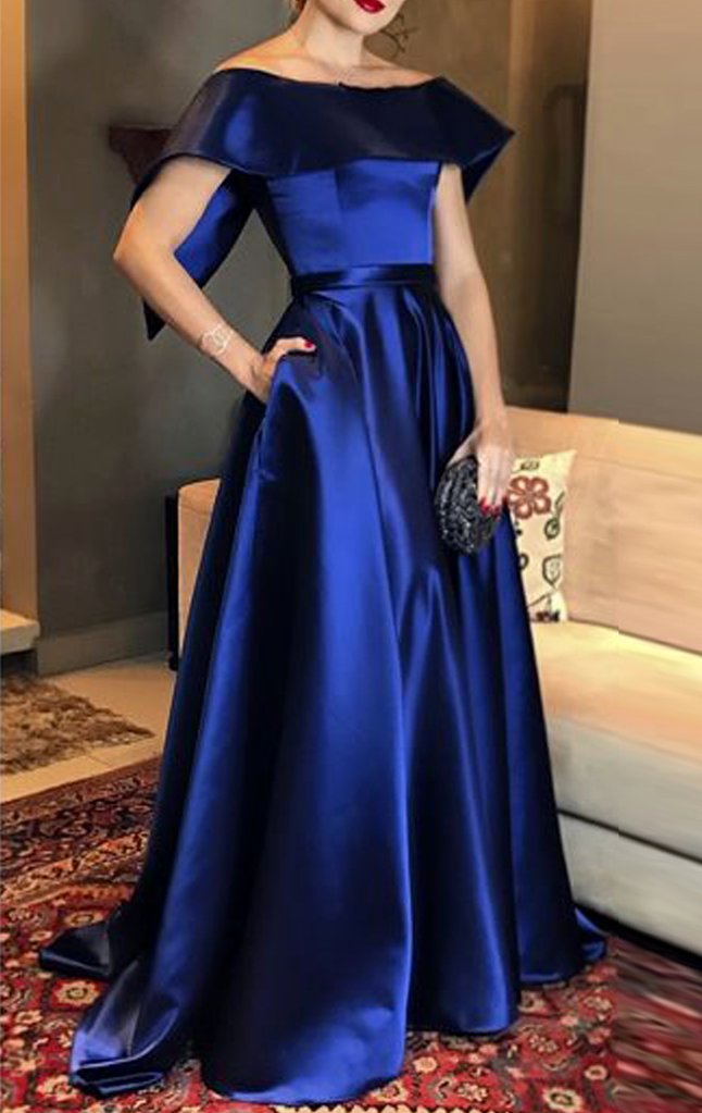 Off Shoulder Satin Long Prom Dresses, Cheap A-Line Backless Prom Dresses, KX462