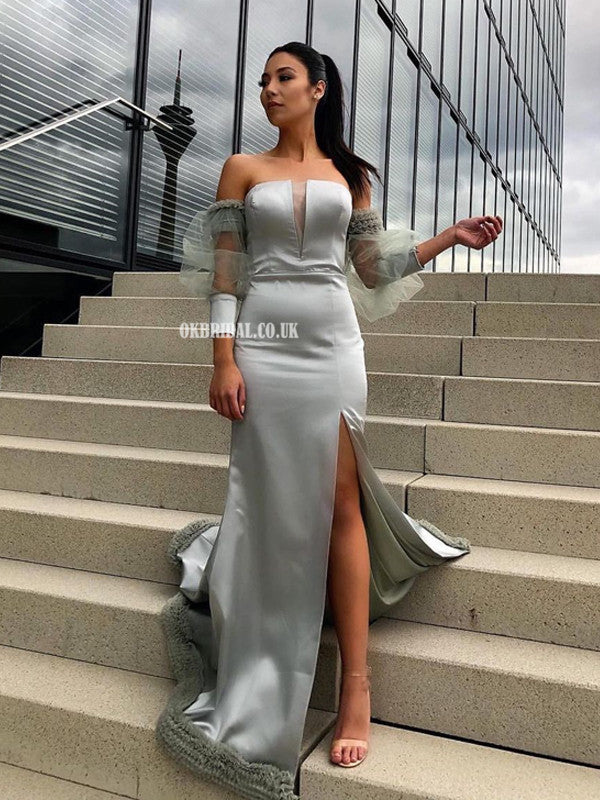 Stunning Mermaid Sexy Side Slit Long Sleeves Prom Dresses, FC4767