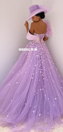 Off Shoulder Unique Tulle A-line Appliques Long Prom Dresses, FC4778