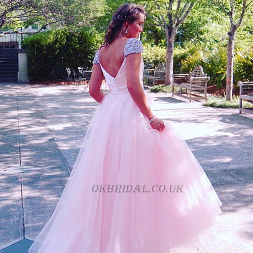 V-Neck Prom Dress, Tulle Prom Dress, A-Line Prom Dress, Beaded Prom Dress, V-Back Prom Dress, KX47