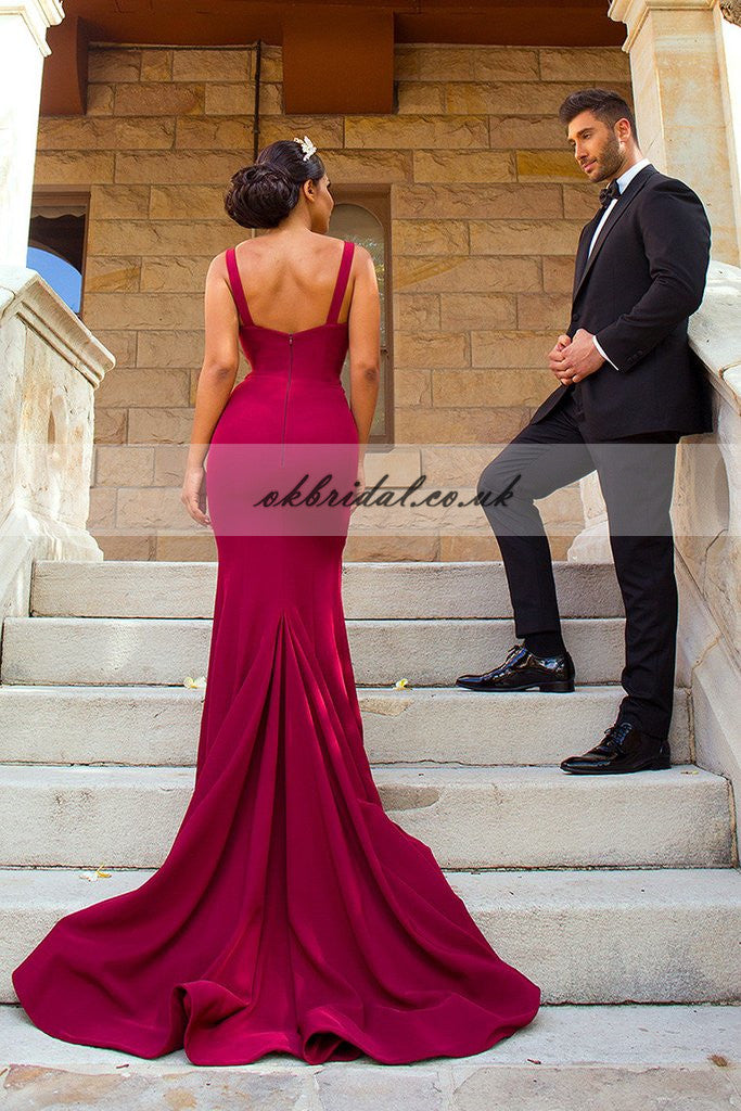 Mermaid Slit Prom Dresses, Backless V-Neck Prom Dresses, Simple Prom Dresses, KX480