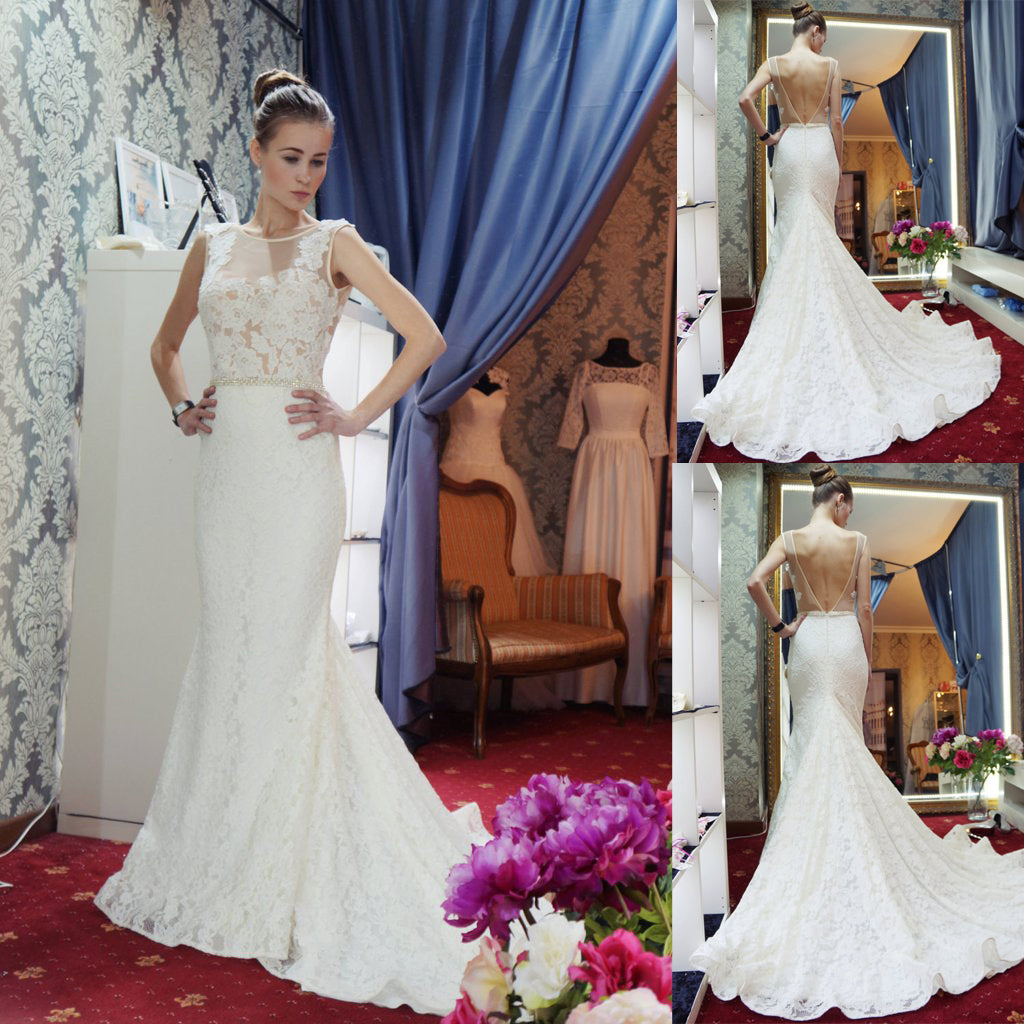 Long Wedding Dress, Lace Wedding Dress, Mermaid Bridal Dress, Sleeveless Wedding Dress, V-Back Wedding Dress, Tulle Wedding Dress, Sexy Wedding Dress, LB0482