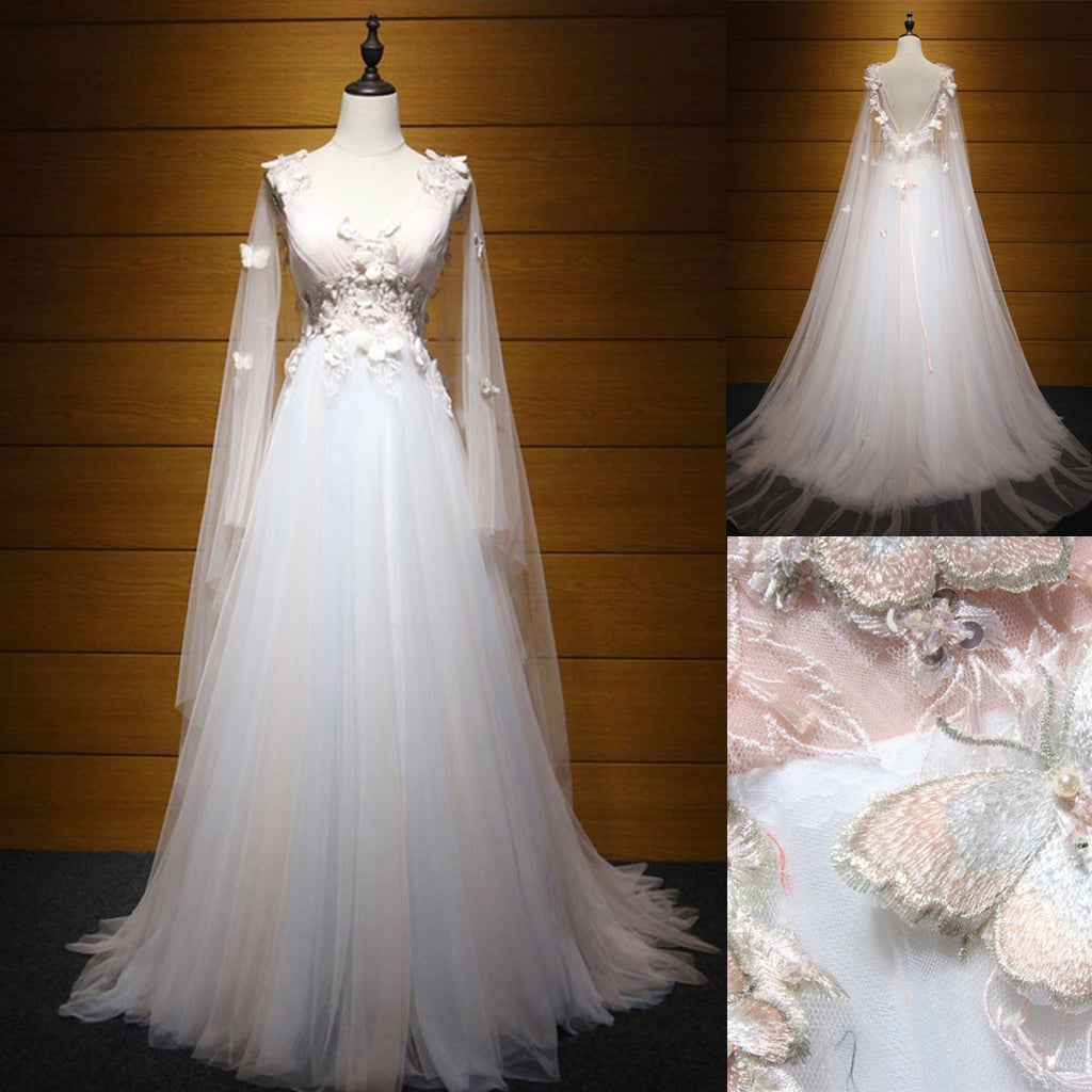 Long Wedding Dress, Tulle Wedding Dress, A-Line Bridal Dress, Sleeveless Wedding Dress, V-Back Wedding Dress, Beautiful Wedding Dress, Applique Wedding Dress, LB0488