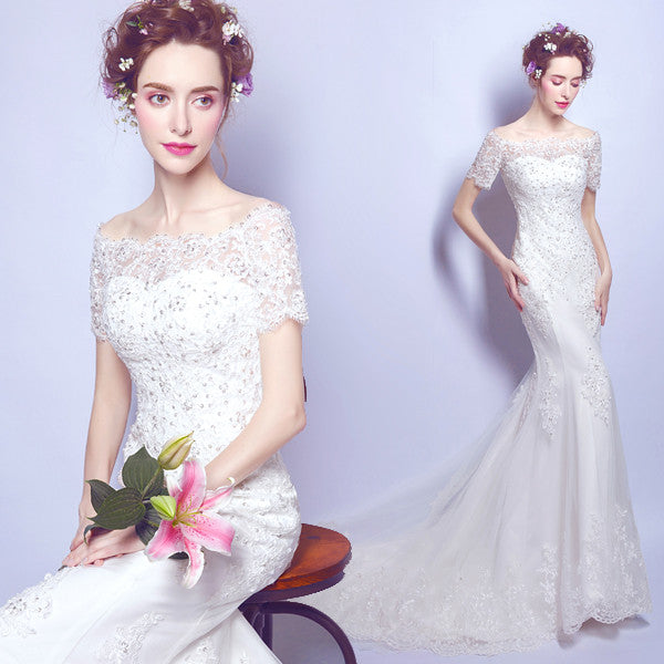 New Arrival Lace Applique Elegant Simple Design Mermaid Wedding Dress with Short Train,220006