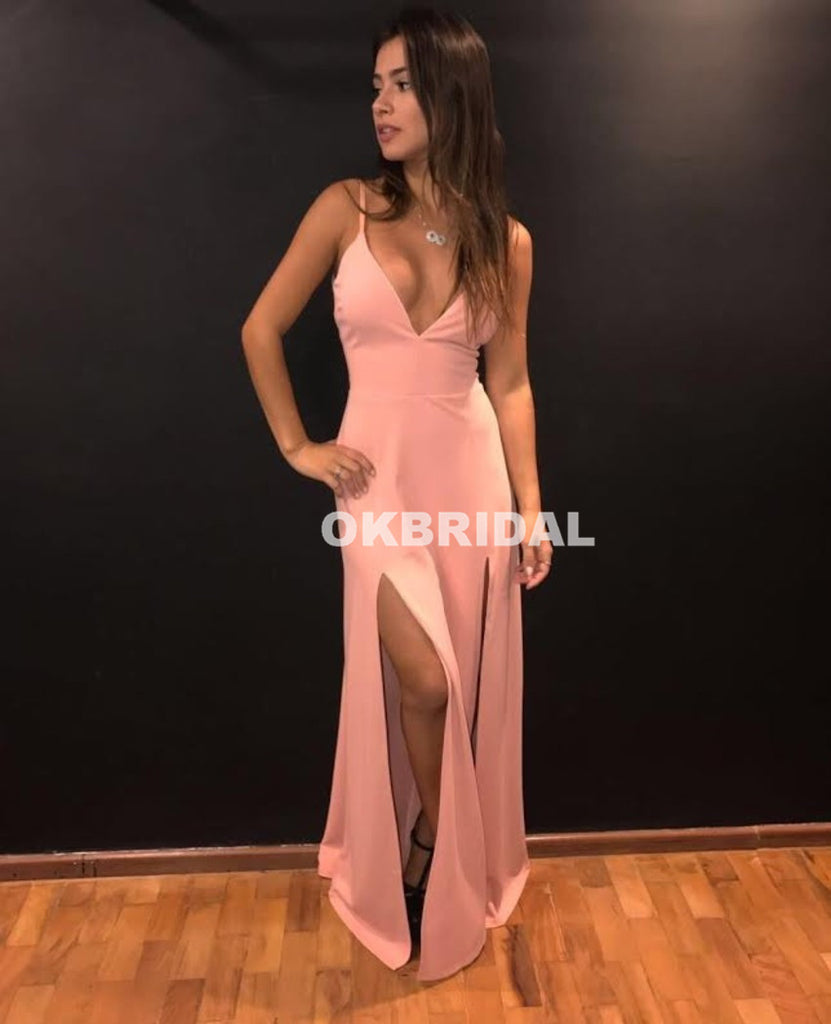 Soft Satin Backless Prom Dresses, Sexy V-Neck Slit Prom Dresses, KX504