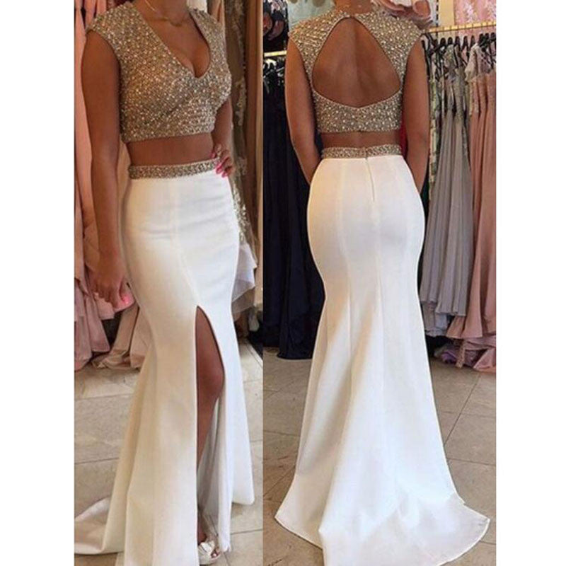 WhiteTwo Pieces Sexy Mermaid Backless Side Slit Long Prom Dresses, WG506
