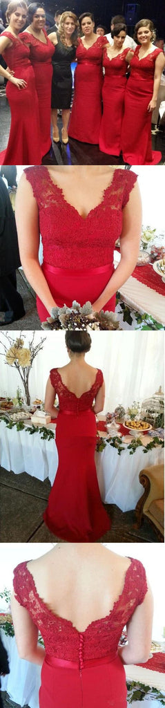 Red Lace Off Shoulder V-Neck Mermaid Long Charming Inexpensive Sexy Bridesmaid Dresses, WG53