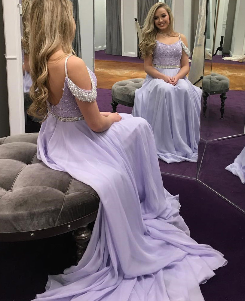 Light Purple A-Line Chiffon Prom Dress, Beaded Backless Gorgrous Prom Dress, KX536