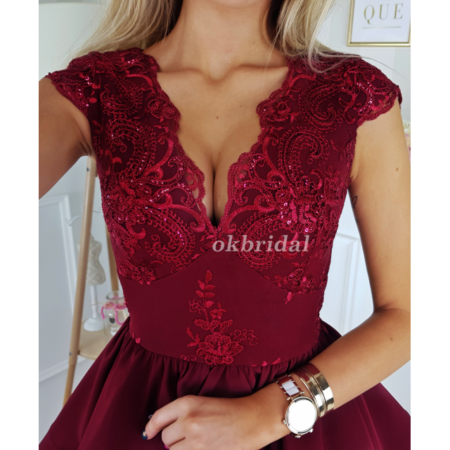 Lace V-Neck Homecoming Dress, Satin Knee-Length Cap Sleeve Sequin Homecoming Dress, KX53