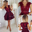 Lace V-Neck Homecoming Dress, Satin Knee-Length Cap Sleeve Sequin Homecoming Dress, KX53