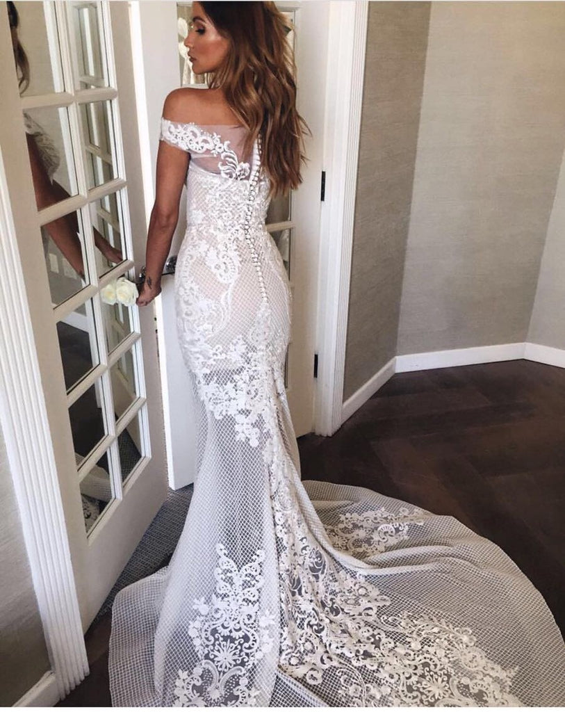 Long Lace Off Shoulder Bridal Dress, SexyTulle Floor-Length Mermaid Wedding Dress, LB0548