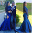 Two Pieces Royal Blue High Neck Mermaid Long Sleeves Long Prom Dress, WG561