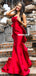 Stunning Straight Neck Mermaid Red Satin Long Prom Dresses, FC5949