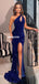 Sparkle Sequin Royal Blue Mermaid Slit One Shoulder Prom Dresses, FC6208