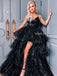 Sparkle Black High-Low Tulle A-line Spaghetti Straps Prom Dresses, FC6553