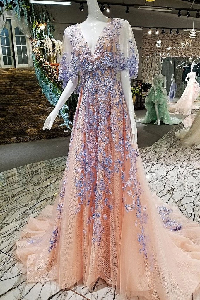 Long Prom Dresses, Tulle Prom Dresses, Vintage Party Prom Dresses, V-Neck Prom Dresses, Applique Prom Dresses, A-Line Prom Dresses, Floor-Length Prom Dress, LB0669