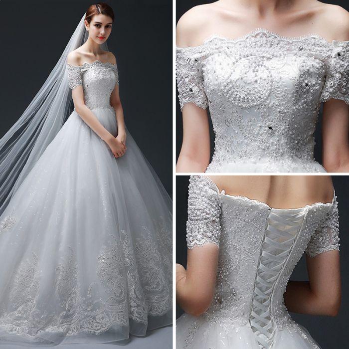 Long Wedding Dress, Charming Wedding Dress, Off Shoulder Wedding Dress, Tulle Bridal Dress, Beading Wedding Dress, Applique Wedding Dress, Gorgeous Wedding Dress, LB0712