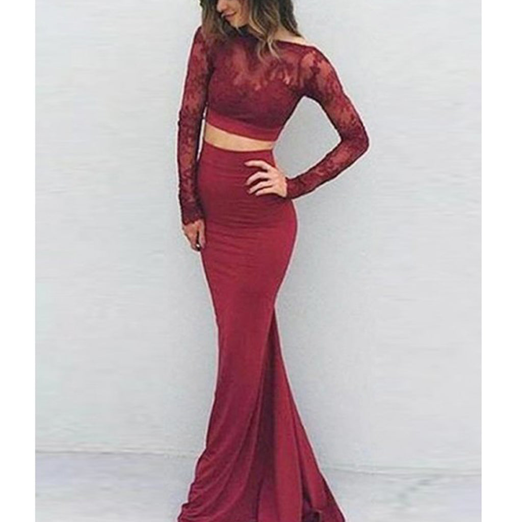 Two Pieces Lace Mermaid Long Sleeve Open-Back Sxey Jersey Prom Dresses, FC721
