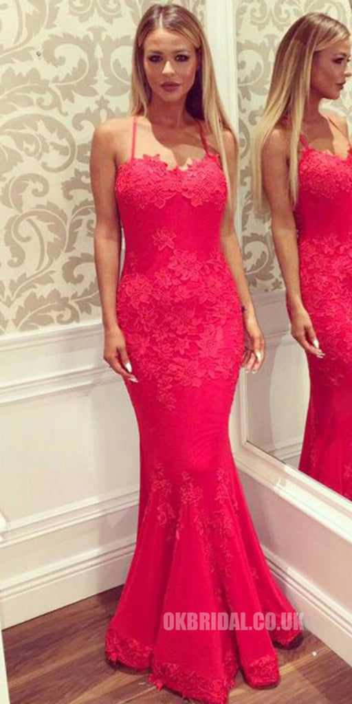 Red Spaghetti Straps Backless Prom Dresses, Popular Lace Applique Mermaid Prom Dresses, KX722