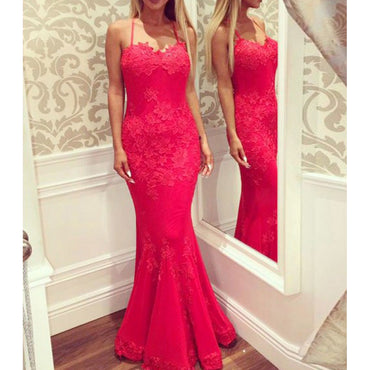 Red Spaghetti Straps Backless Prom Dresses, Popular Lace Applique Mermaid Prom Dresses, KX722