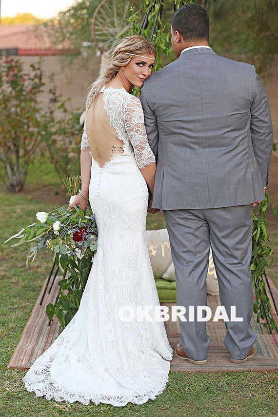 Gorgeous Lace Half Sleeve Long Mermaid Open-Back Wedding Dresses, KX763