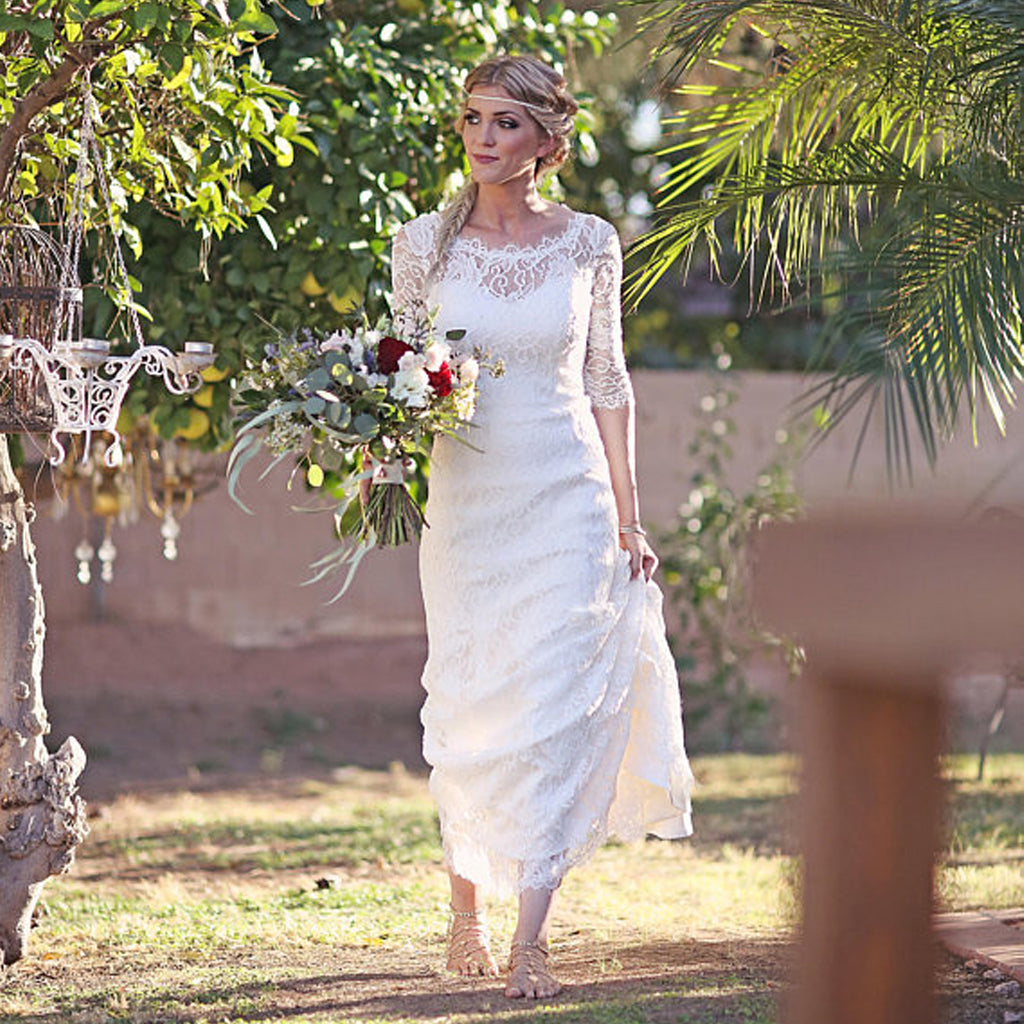 Gorgeous Lace Half Sleeve Long Mermaid Open-Back Wedding Dresses, KX763