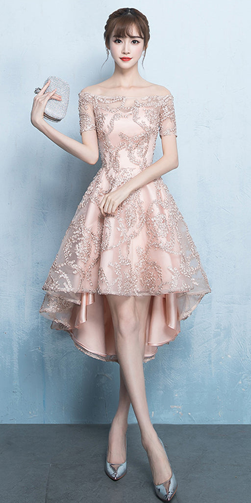 Off Shoulder Short Sleeve Homecoming Dress, Tulle High-Low Applique Homecoming Dress, LB0771