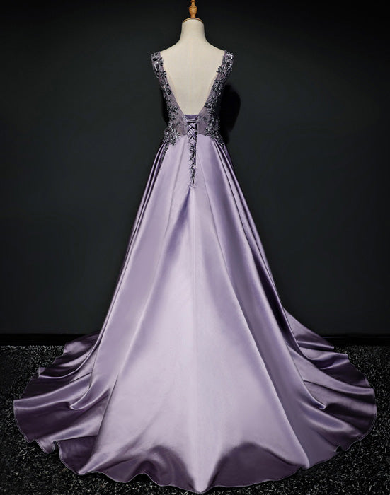 Satin Prom Dress, Sexy Backless Prom Dress, Applique Prom Dress, LB0781