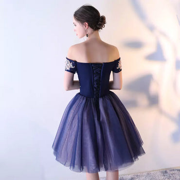 Tulle Off Shoulder Homecoming Dress, Applique Knee-Length Vintage Homecoming Dress, LB0783