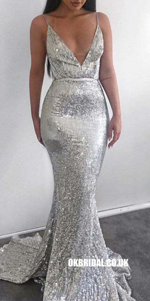 Sexy Mermaid Deep V-neck Silver Sequin Prom Dresses, FC804