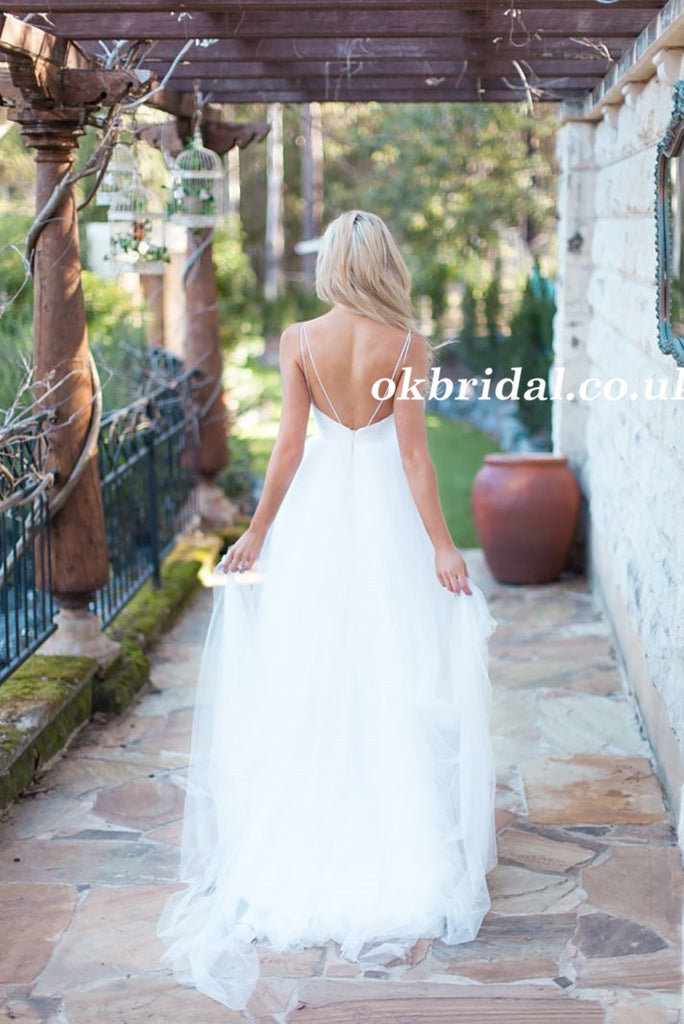 Spaghetti Straps Wedding Dress, Lace Top Wedding Dress, Tulle Bridal Dress, Backless Wedding Dress, Beach Wedding Dress, LB0912