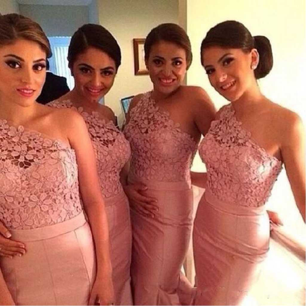 Charming One Shoulder Top Lace Mermaid Sexy Junior Pink On Sale Wedding Party Impressive Long Bridesmaid Dresses, WG93