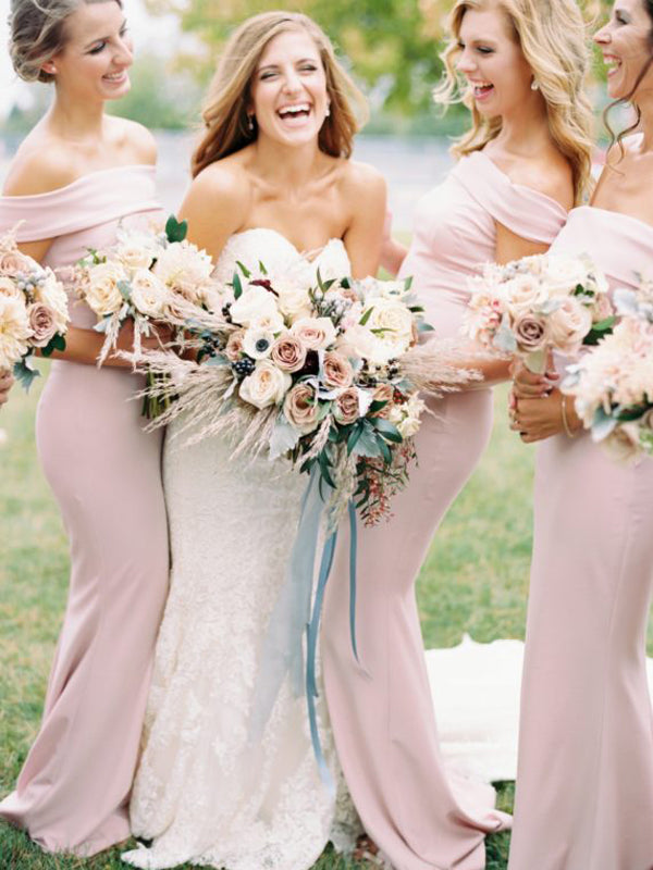 Charming Pink Mermaid Off Shoulder Maxi Bridesmaid Dresses, KX969