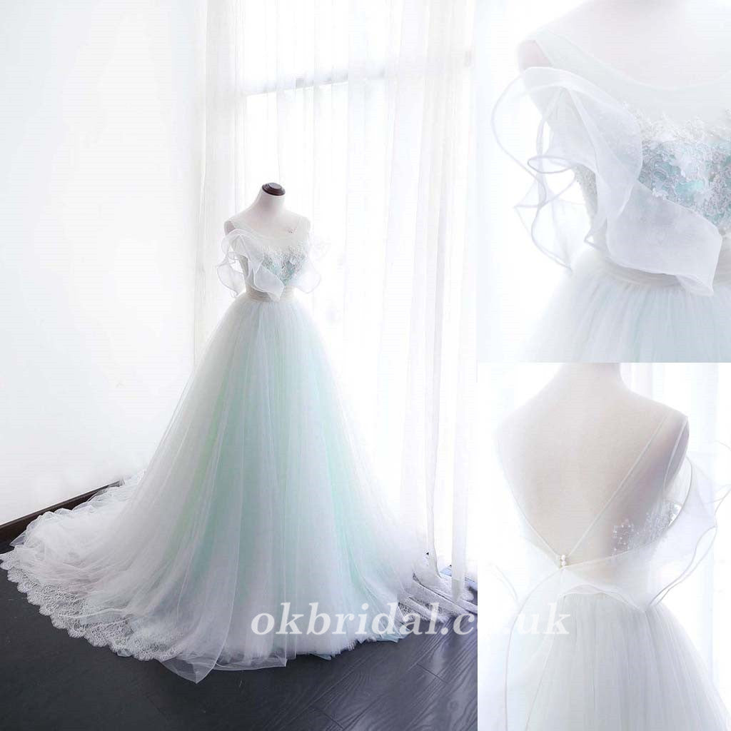 Tulle Applique Wedding Dress, Lace Bridal Dress, V-Back Beaded Wedding Dress, LB0995