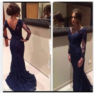 Navy Prom Dresses, Long Prom Dresses, Lace Prom Dresses, V-neck Prom Dresses, Dresses for Prom, Long Sleeves Prom Dresses, Evening Dresses, PD0017