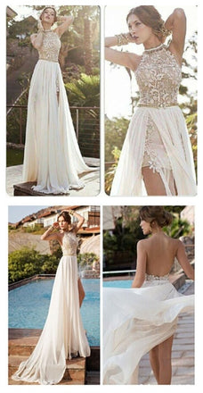 2017 Sexy Lace Backless Long Chiffon Prom Dresses, High Neckline Halter Side Slit Prom Dresses, Evening Party Prom Dresses, PD0018