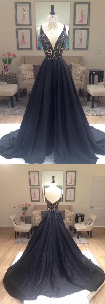Black A-line Elegant Deep V-Neck Prom Dresses, Black Long Evening Party Dresses, Long Prom Dress,Prom Dresses Online, PD0198