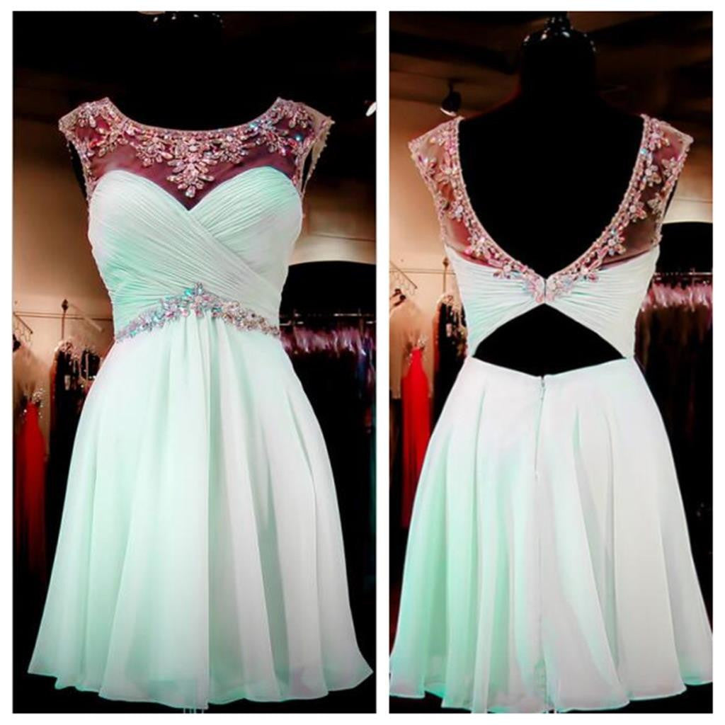 Mint Green Beaded Homecoming Dresses, Open back Prom Dresses, Sexy Backless Homecoming Dresses, Sweet 16 Dresses, Cocktail Dresses,PD0005