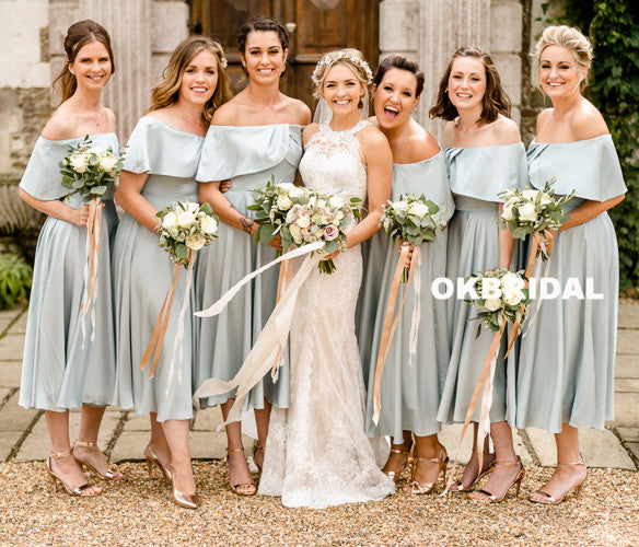 Charming Tea-Length Off Shoulder Bridesmaid Dresses, Soft Satin Bridesmaid Dresses, KX1081