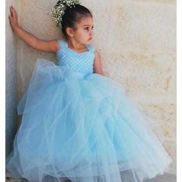 Blue Tulle A-Line Sleeveless Flower Girl Dresses, Popular Lace Little Girl Dresses, FC1450