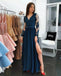 V-neck Long Sleeve Applique A-Line Slit Jersey Prom Dresses, FC1824
