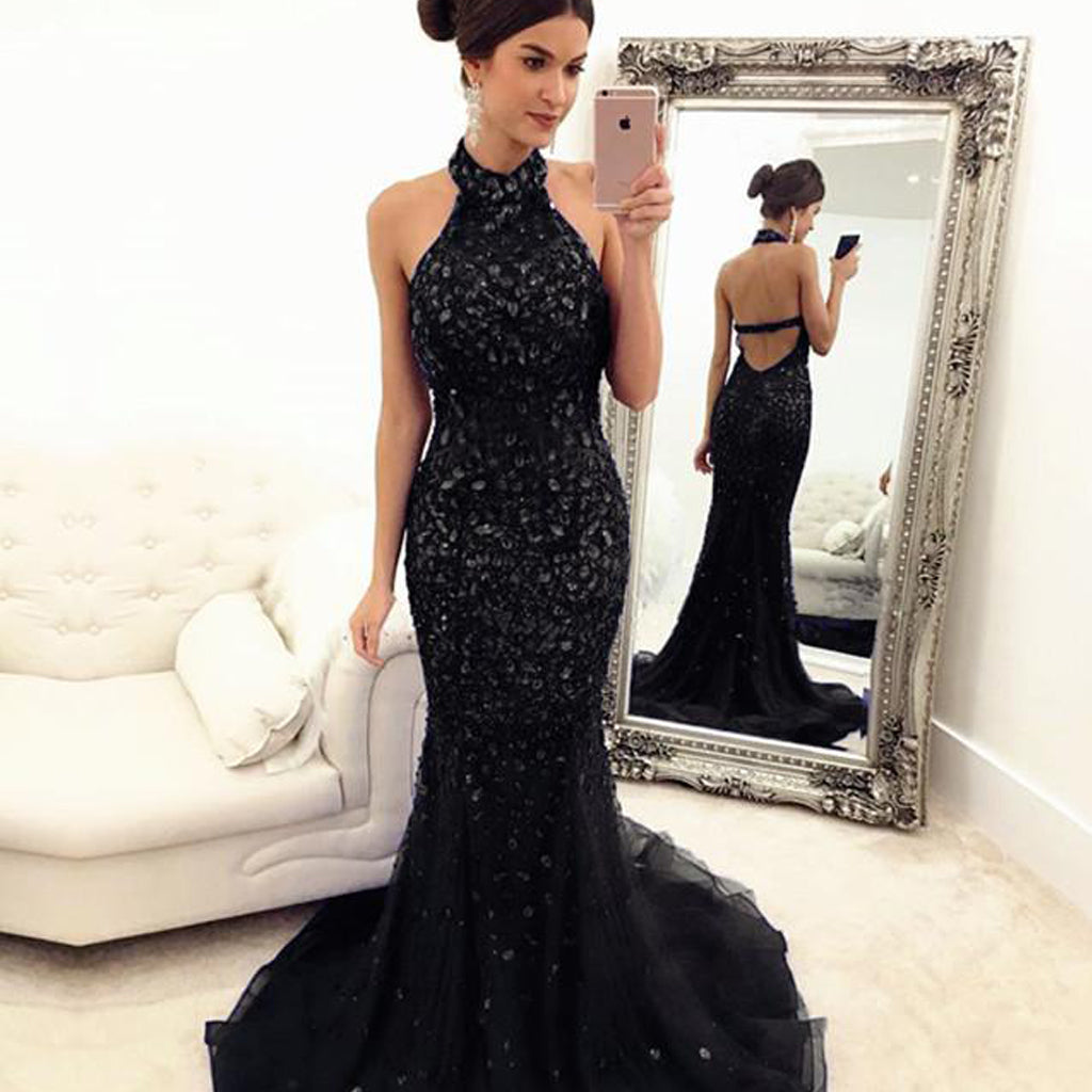 Luxury Black Beaded Halter Backless Mermaid Tulle Prom Dresses, FC2031
