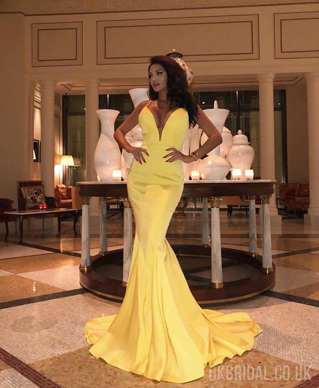 Sexy Deep V-neck Spaghetti Straps Mermaid Yellow Jersey Backless Prom Dresses, FC2194