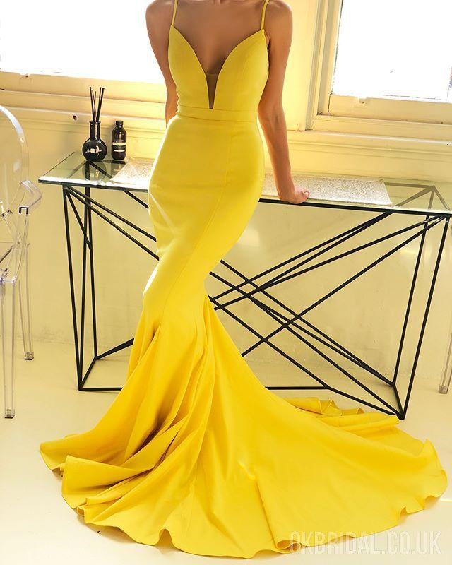 Sexy Deep V-neck Spaghetti Straps Mermaid Yellow Jersey Backless Prom Dresses, FC2194