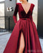 Burgundy Long Sleeve Velvet A-line Satin Slit Prom Dresses, FC2232