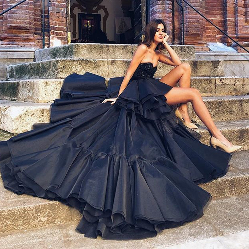 Black High-Low A-line Backless Sweetheart Beaded Charming Prom Dresses, FC2296