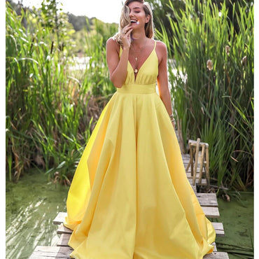 Yellow Spaghetti Straps A-line Deep V-neck Backless Satin Long Prom Dresses, FC2299
