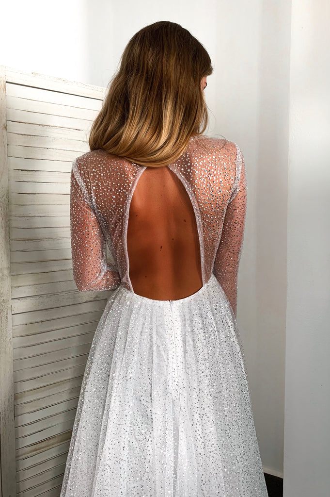 White Sparkly A-line Long Sleeve Open-Back V-neck Prom Dresses, FC2426