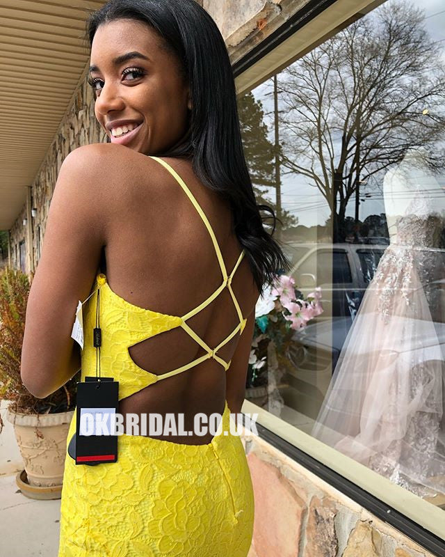 Spaghetti Straps Yellow Mermaid Lace Backless Prom Dresses, FC2439