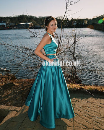 Two Pieces A-Line Satin Prom Dresses, OPen-Back Sleeveless Prom Dresses, KX1004